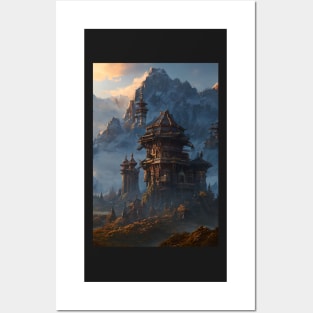 Surreal Magical Asian Tower in Beautiful Landscape and Trees by the Mountains Posters and Art